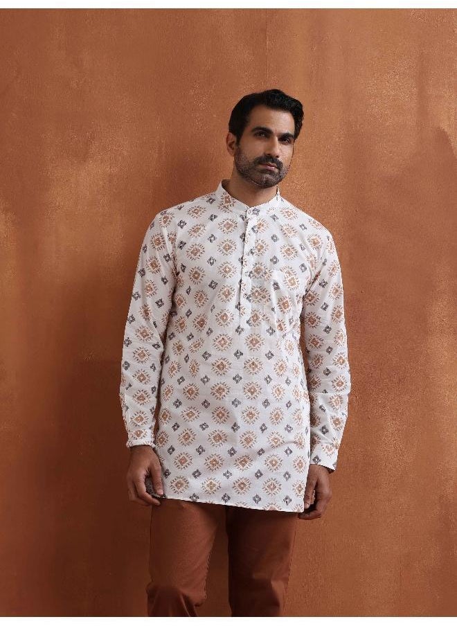 Men's Ivory Printed Short Kurta