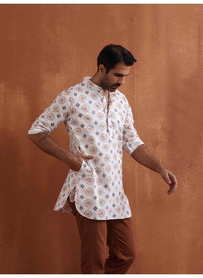 Men's Ivory Printed Short Kurta