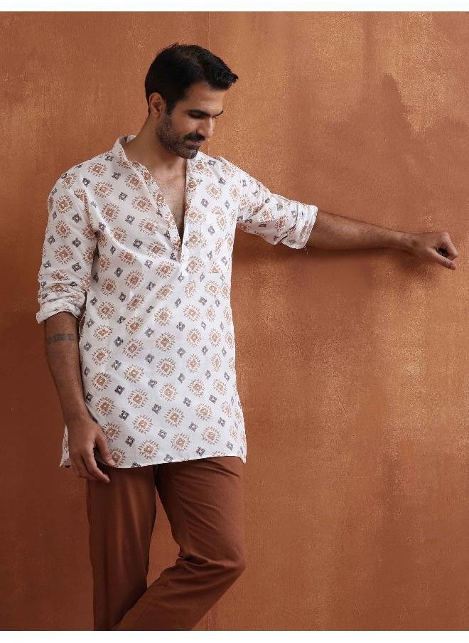 Men's Ivory Printed Short Kurta