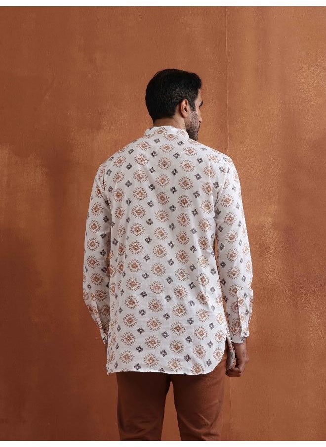 Men's Ivory Printed Short Kurta