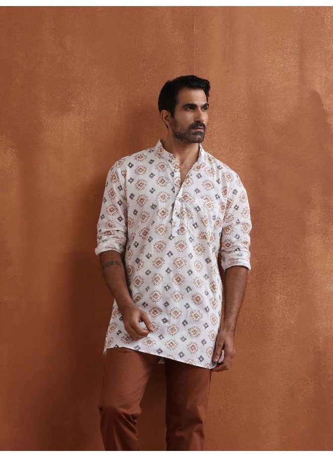 Men's Ivory Printed Short Kurta