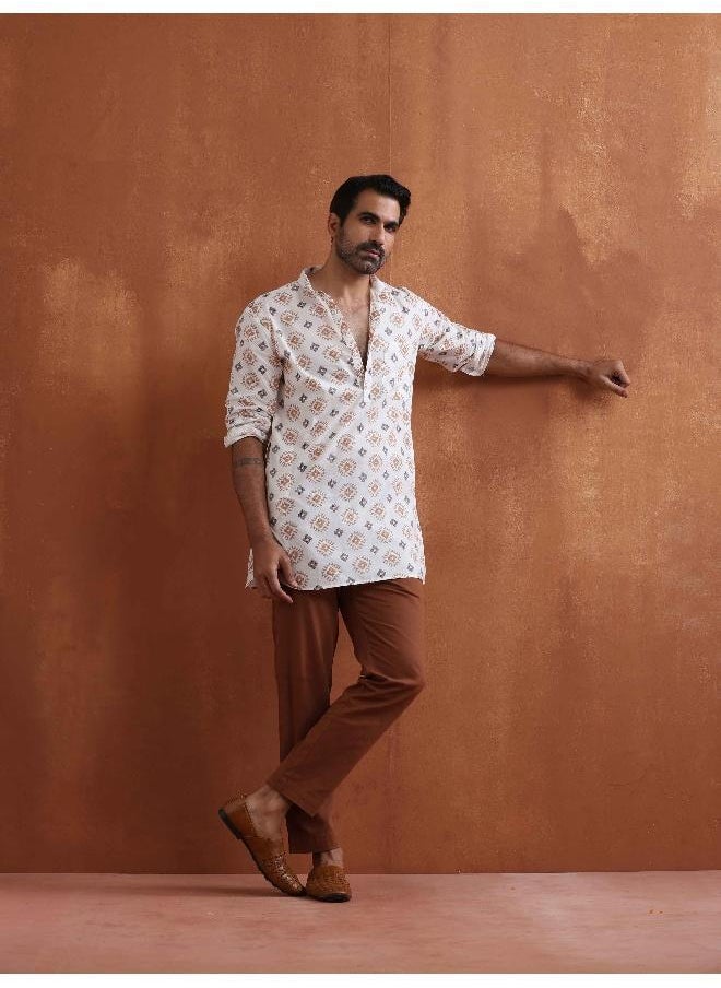 Men's Ivory Printed Short Kurta