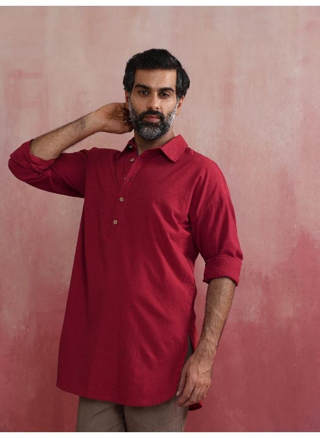 Men's Maroon Cotton Shirt Collar Stylized Kurta