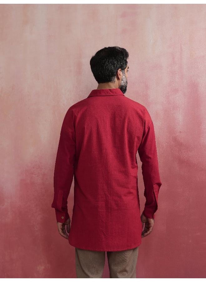 Men's Maroon Cotton Shirt Collar Stylized Kurta
