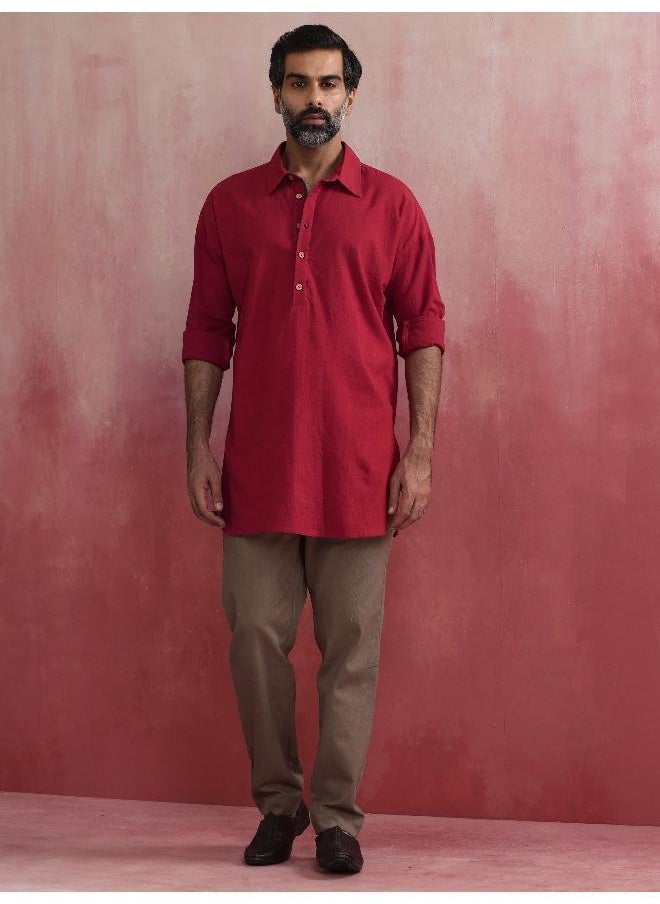 Men's Maroon Cotton Shirt Collar Stylized Kurta