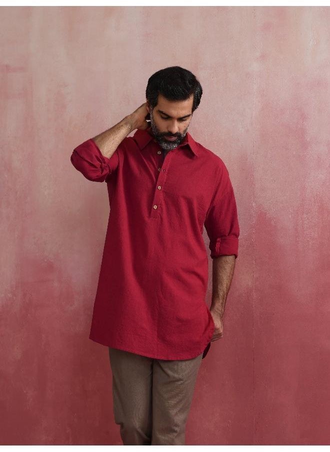 Men's Maroon Cotton Shirt Collar Stylized Kurta