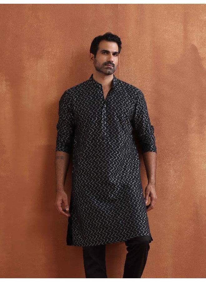 Men's Black Cotton Dobby Kurta