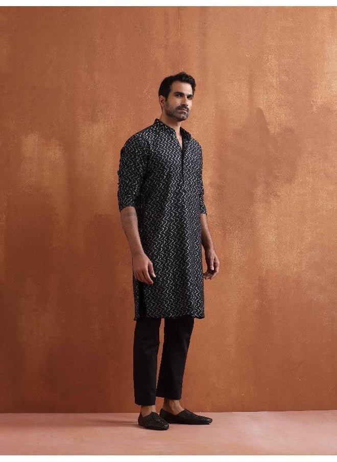 Men's Black Cotton Dobby Kurta