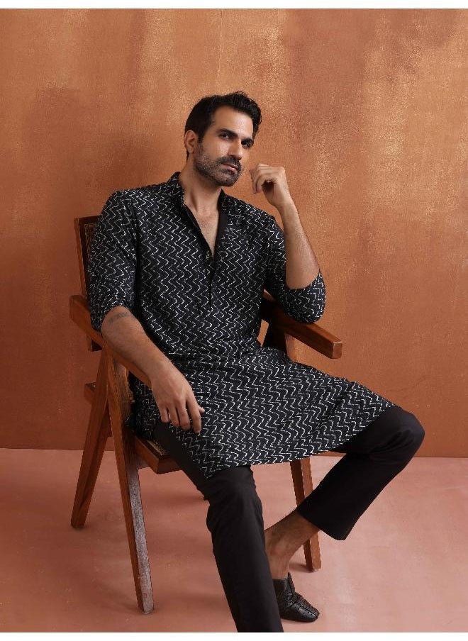 Men's Black Cotton Dobby Kurta