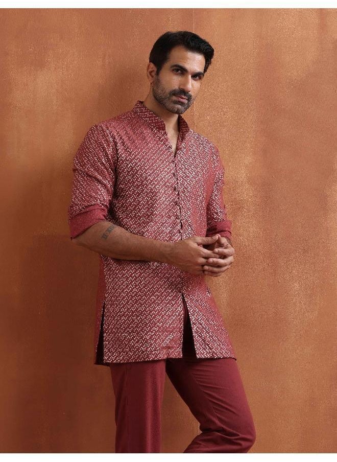 Men's Rust Cotton Dobby Short Kurta