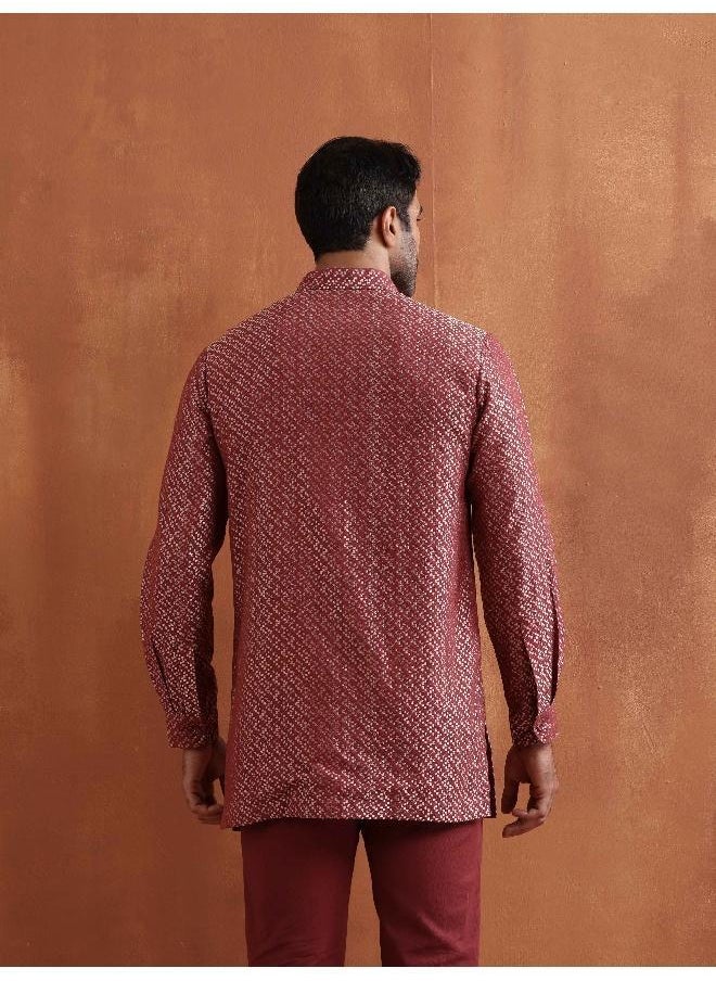 Men's Rust Cotton Dobby Short Kurta