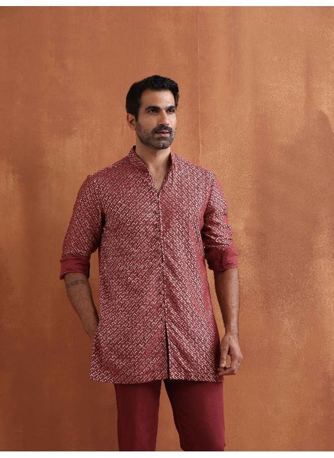 Men's Rust Cotton Dobby Short Kurta