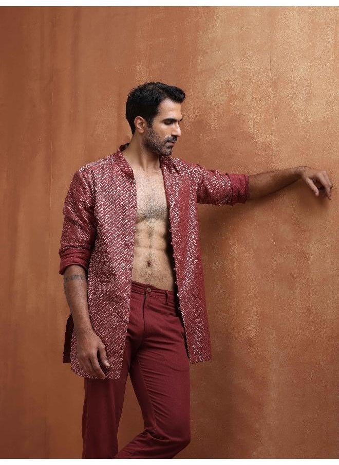 Men's Rust Cotton Dobby Short Kurta