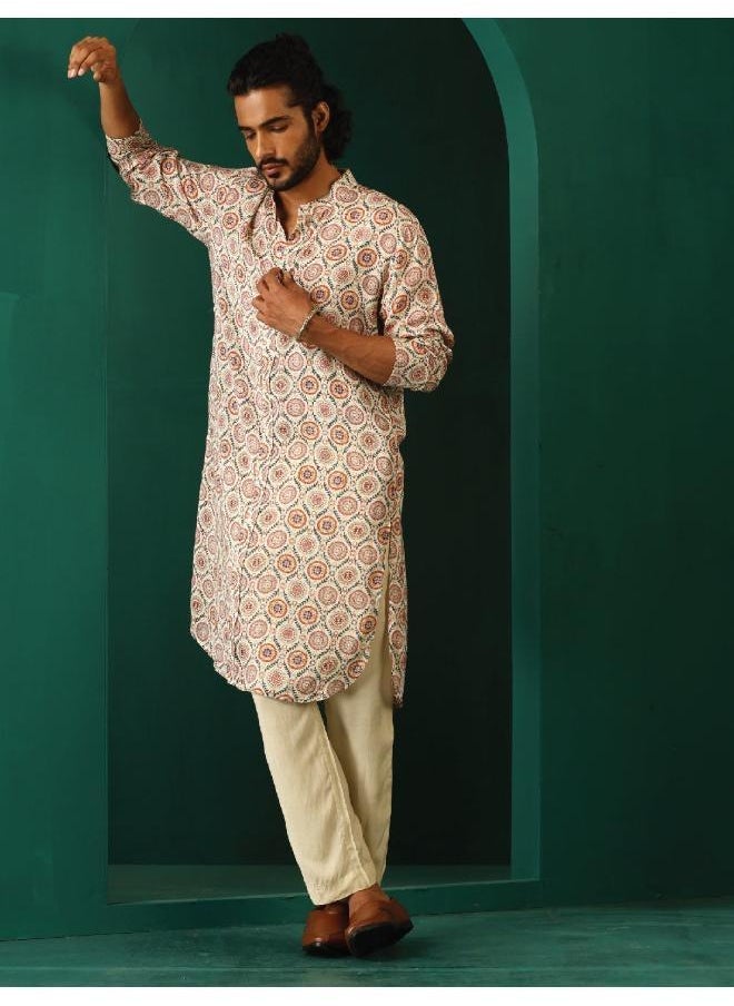 Men's Off White Circle Floral Muslin Silk Printed Long Kurta
