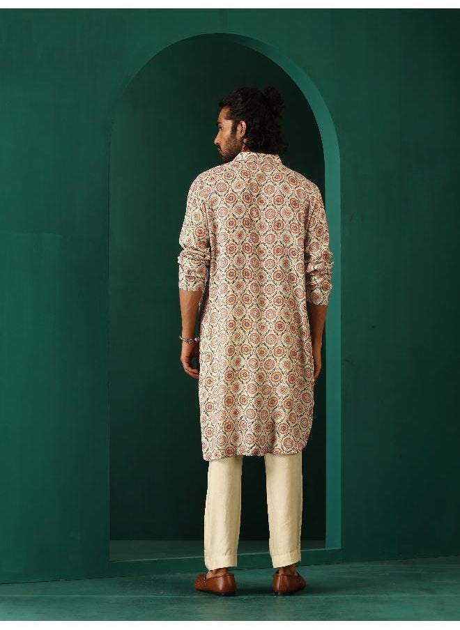 Men's Off White Circle Floral Muslin Silk Printed Long Kurta