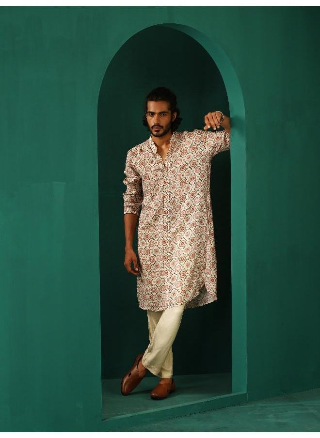 Men's Off White Circle Floral Muslin Silk Printed Long Kurta