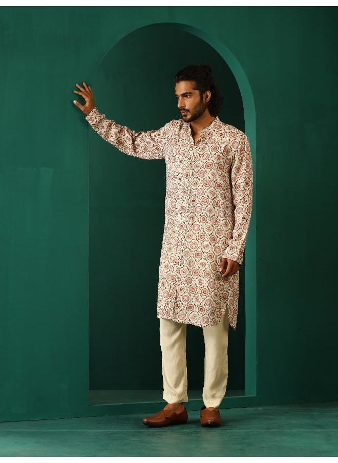 Men's Off White Circle Floral Muslin Silk Printed Long Kurta