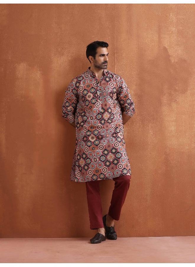 Men's Rust Geometric Printed Kurta