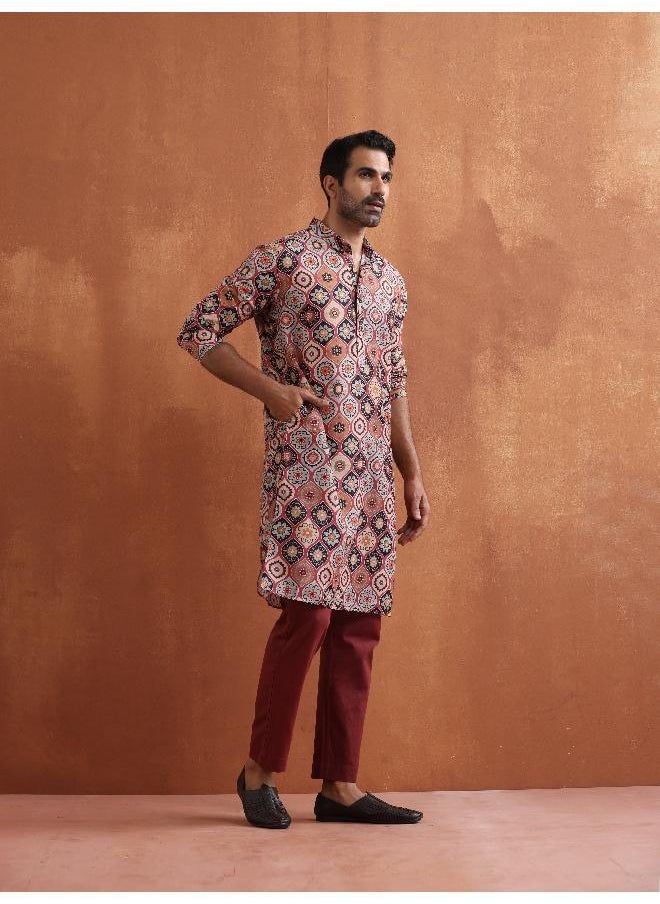 Men's Rust Geometric Printed Kurta