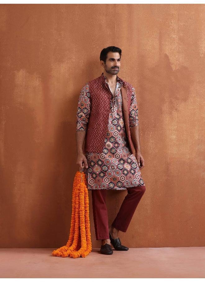 Men's Rust Geometric Printed Kurta