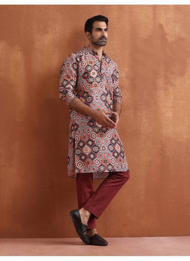 Men's Rust Geometric Printed Kurta