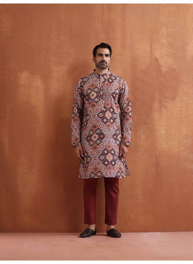 Men's Rust Geometric Printed Kurta
