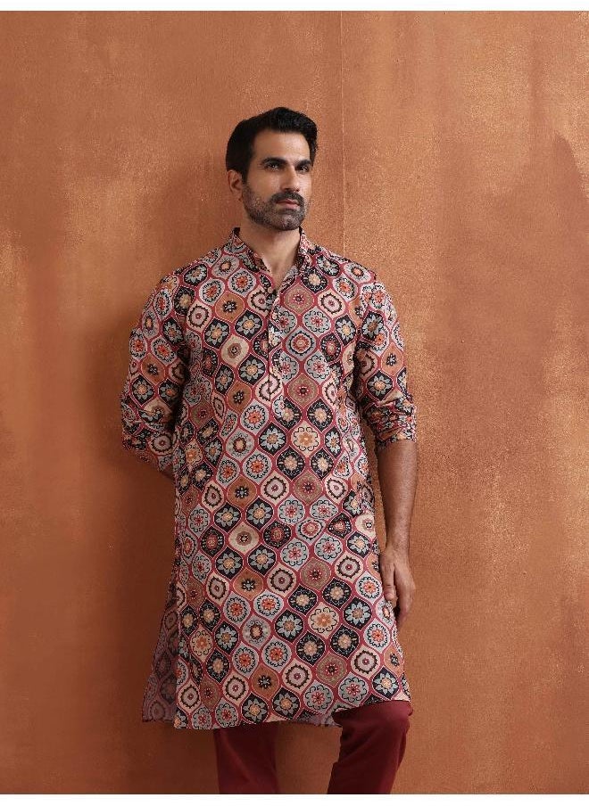 Men's Rust Geometric Printed Kurta