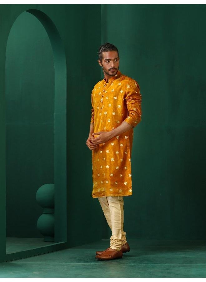 Men's Mustard Geometric Floral Viscose Silk Long Kurta