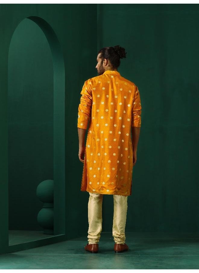 Men's Mustard Geometric Floral Viscose Silk Long Kurta