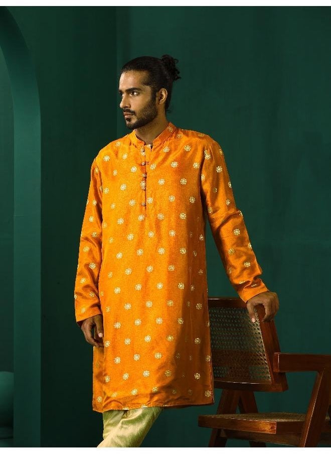 Men's Mustard Geometric Floral Viscose Silk Long Kurta