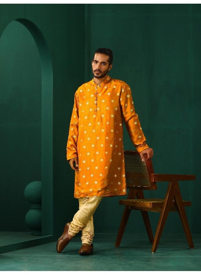 Men's Mustard Geometric Floral Viscose Silk Long Kurta
