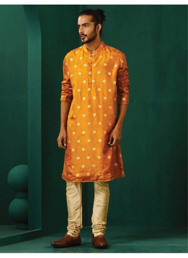 Men's Mustard Geometric Floral Viscose Silk Long Kurta
