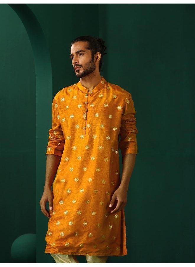 Men's Mustard Geometric Floral Viscose Silk Long Kurta