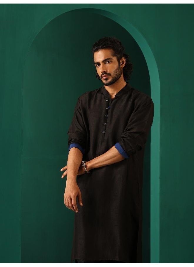 Men's Black Silk Long Kurta