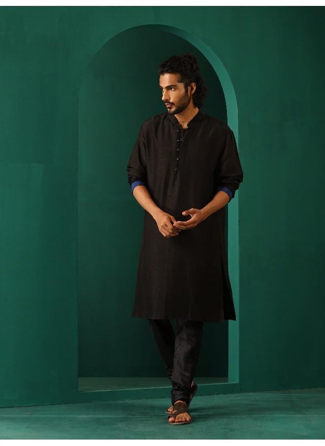 Men's Black Silk Long Kurta