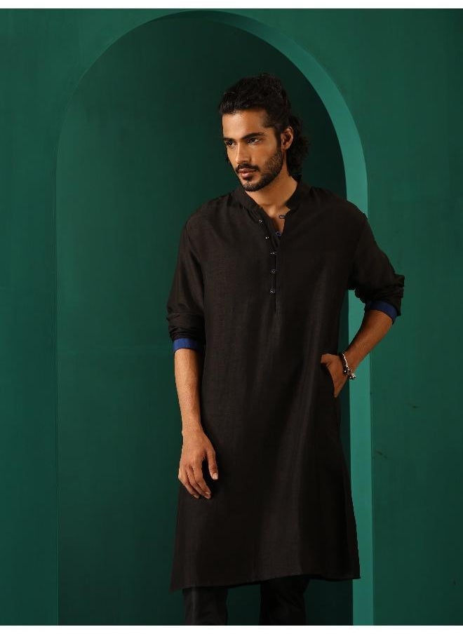Men's Black Silk Long Kurta