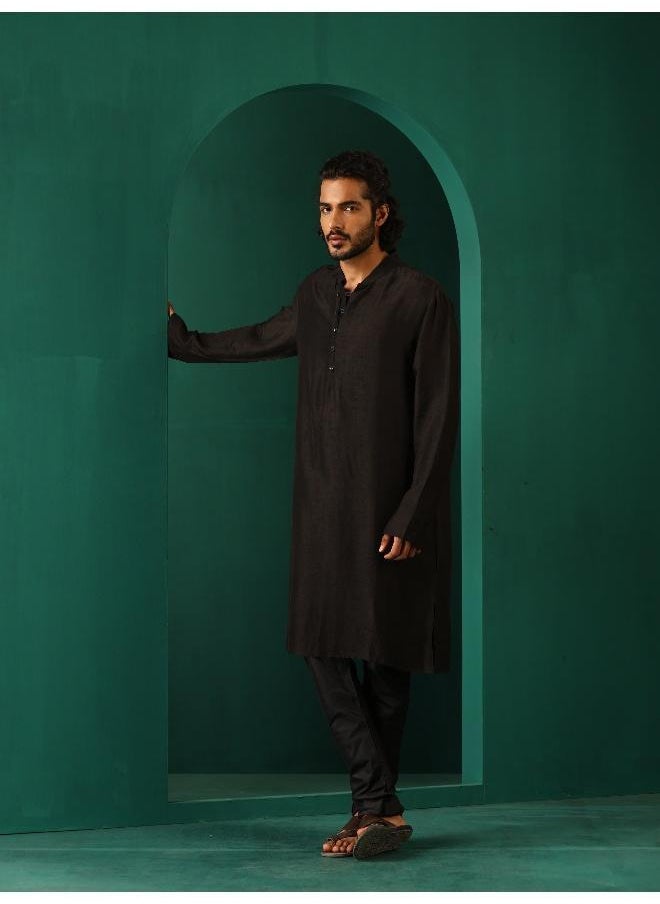 Men's Black Silk Long Kurta