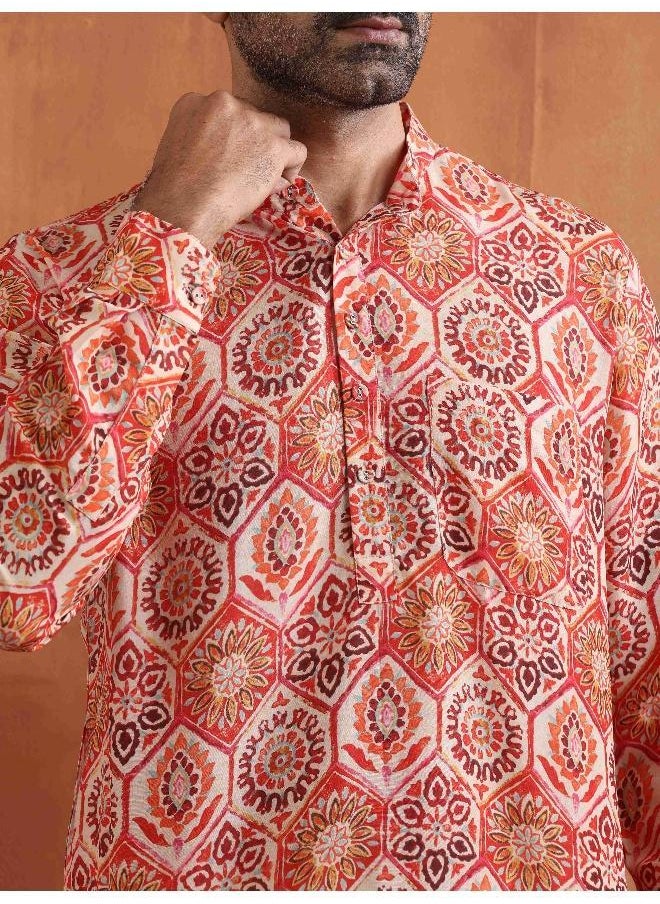 Men's Beige Printed Short Kurta