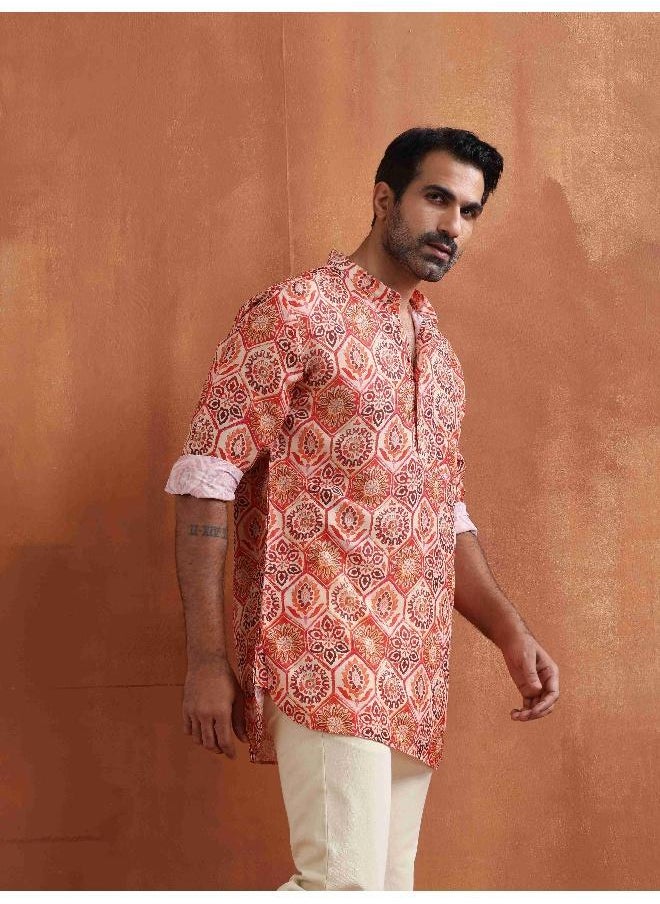 Men's Beige Printed Short Kurta