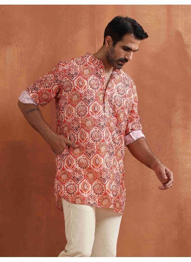 Men's Beige Printed Short Kurta