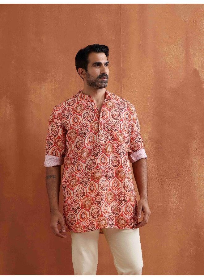 Men's Beige Printed Short Kurta