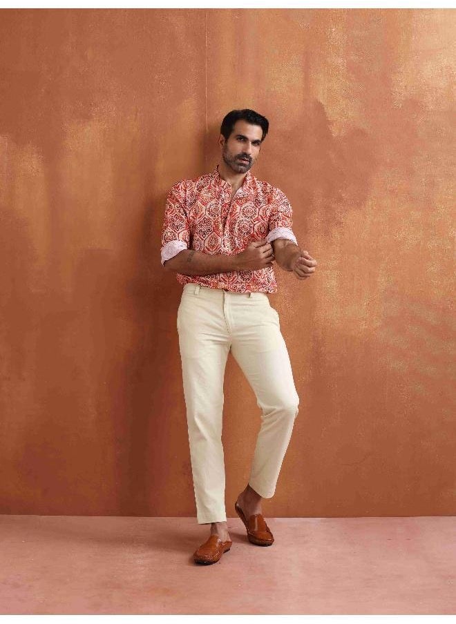 Men's Beige Printed Short Kurta