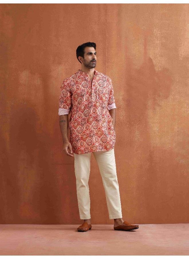 Men's Beige Printed Short Kurta