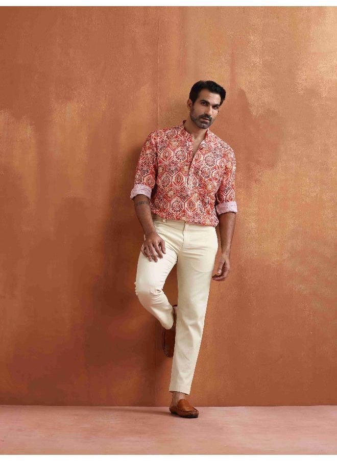 Men's Beige Printed Short Kurta