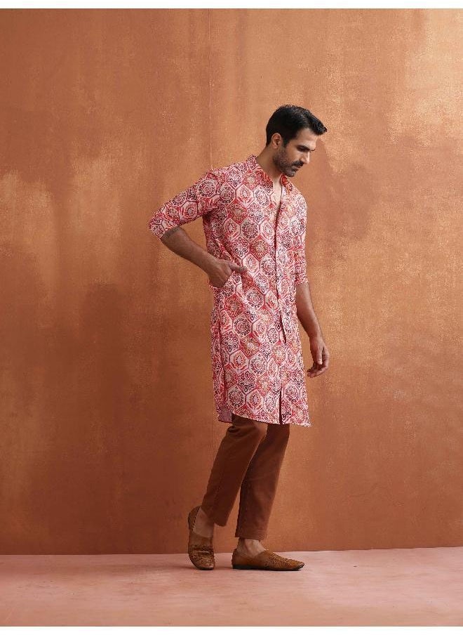 Men's Beige Printed Front Open Kurta