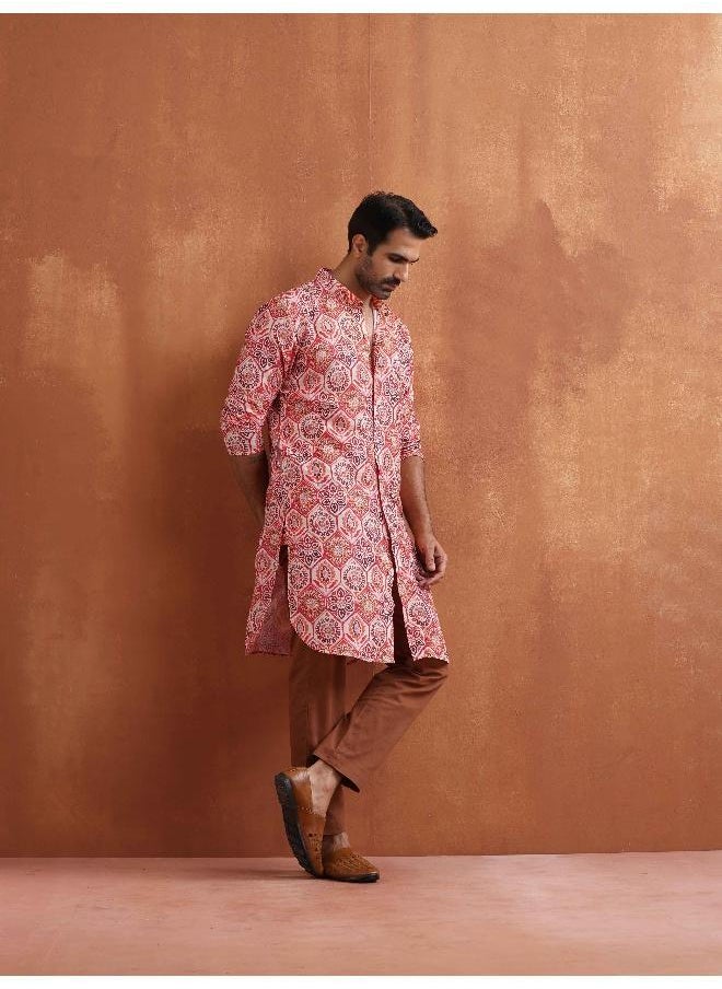 Men's Beige Printed Front Open Kurta