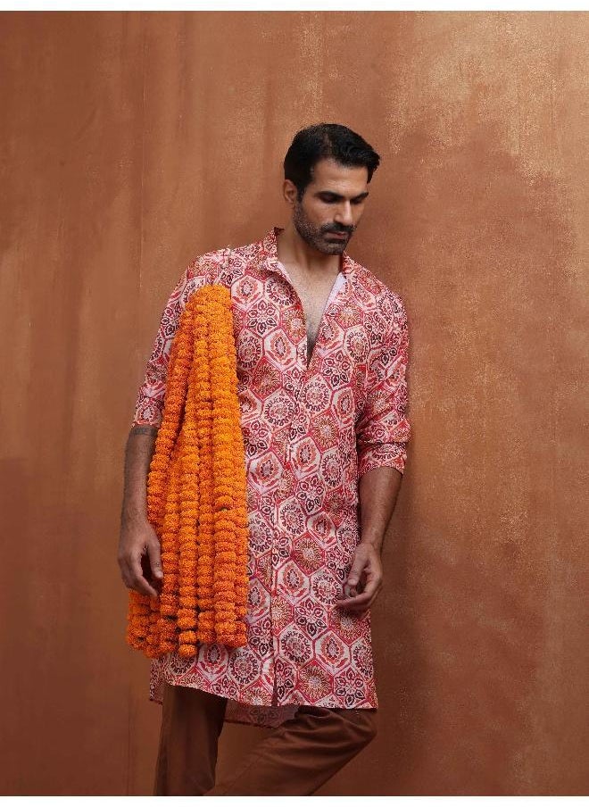 Men's Beige Printed Front Open Kurta
