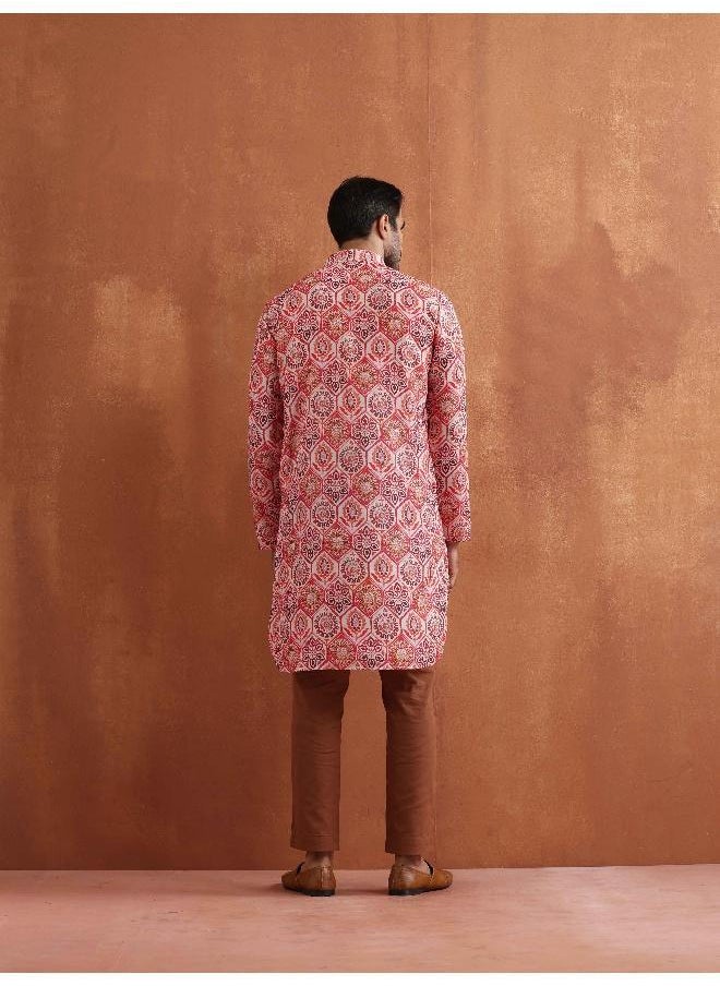 Men's Beige Printed Front Open Kurta