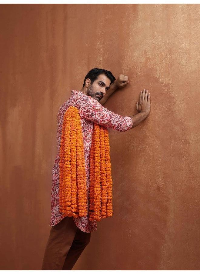Men's Beige Printed Front Open Kurta