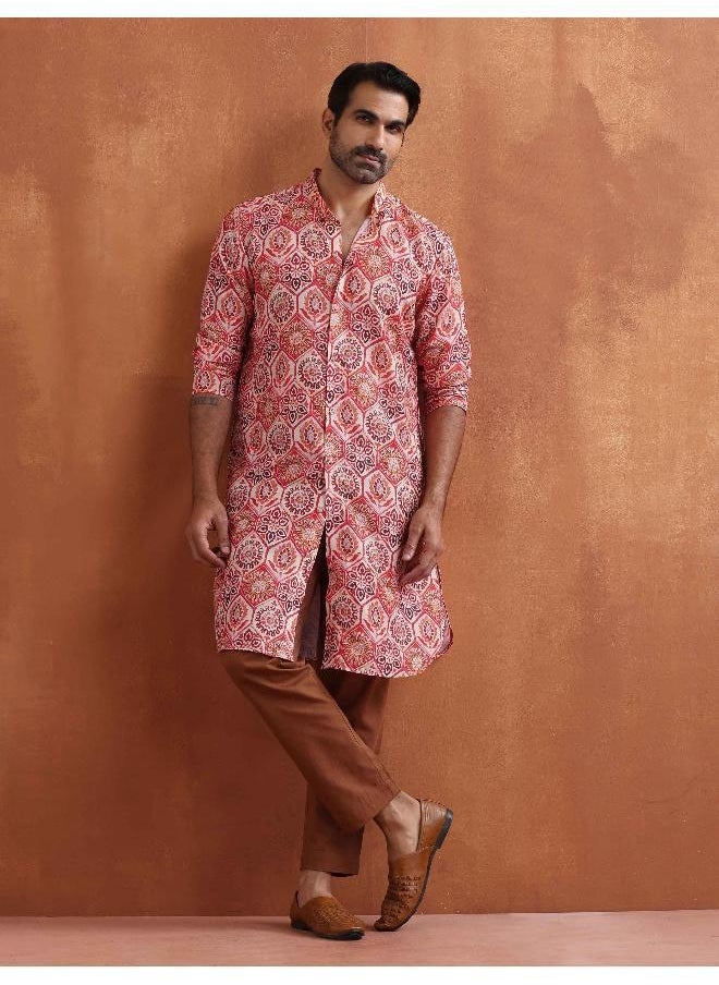 Men's Beige Printed Front Open Kurta